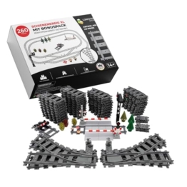 LONESTAR Klemmbausteine Schienenkreis XL, City Schienen Set mit Zubehör, kompatibel mit Klemmbausteinen, großer Eisenbahnkreis mit Bahnübergang, Prellbock und Deko für Kinder und Erwachsene