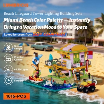 Lumibricks Beach Lifeguard Tower Baustein-Set, 1015 Teile Miami Beach Rettungsturm mit 6 LED-Lichtern, 2-in-1 Wachtturm & Sandburg-Modus, modulares Küsten-Display für Erwachsene, Sammler Geschenk - 2