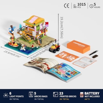 Lumibricks Beach Lifeguard Tower Baustein-Set, 1015 Teile Miami Beach Rettungsturm mit 6 LED-Lichtern, 2-in-1 Wachtturm & Sandburg-Modus, modulares Küsten-Display für Erwachsene, Sammler Geschenk - 7