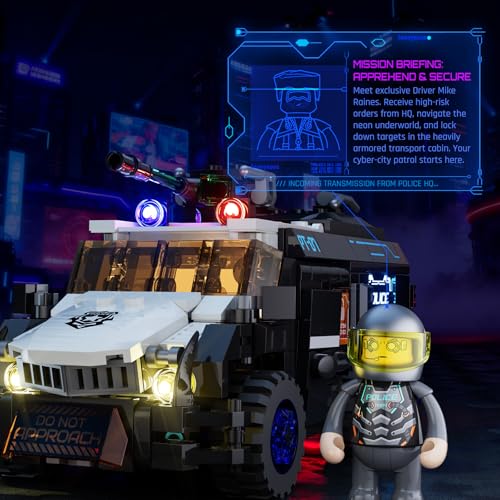 LUMIBRICKS Cyberpunk Neoncity Police Urban Convoy Licht-Bausteinset,485 Teile Cyberpunk Polizei-Transporter mit LED-Beleuchtung,Flugmodus & beweglichen Funktionen,Bauset für Erwachsene und Jugendliche - 3