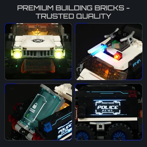 LUMIBRICKS Cyberpunk Neoncity Police Urban Convoy Licht-Bausteinset,485 Teile Cyberpunk Polizei-Transporter mit LED-Beleuchtung,Flugmodus & beweglichen Funktionen,Bauset für Erwachsene und Jugendliche - 4