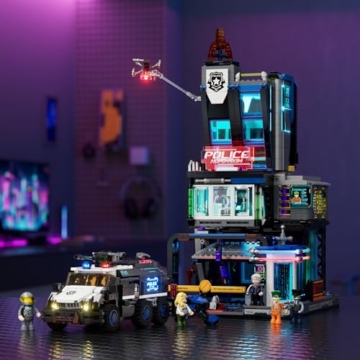 LUMIBRICKS Cyberpunk Neoncity Police Urban Convoy Licht-Bausteinset,485 Teile Cyberpunk Polizei-Transporter mit LED-Beleuchtung,Flugmodus & beweglichen Funktionen,Bauset für Erwachsene und Jugendliche - 7