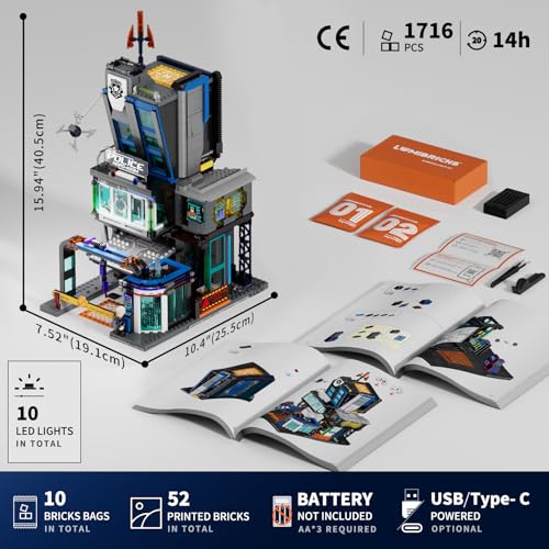 LUMIBRICKS Cyberpunk Police HQ Klemmbausteine mit LED-Beleuchtung, 1716 Teile Futuristische Polizeistation, Modulares Cyberpunk-Gebäude mit 3 Etagen, Bauset für Erwachsene und Jugendliche ab 16 Jahren - 6