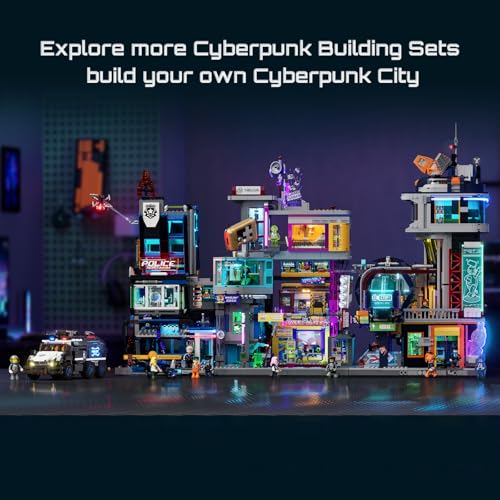LUMIBRICKS Cyberpunk Police HQ Klemmbausteine mit LED-Beleuchtung, 1716 Teile Futuristische Polizeistation, Modulares Cyberpunk-Gebäude mit 3 Etagen, Bauset für Erwachsene und Jugendliche ab 16 Jahren - 9
