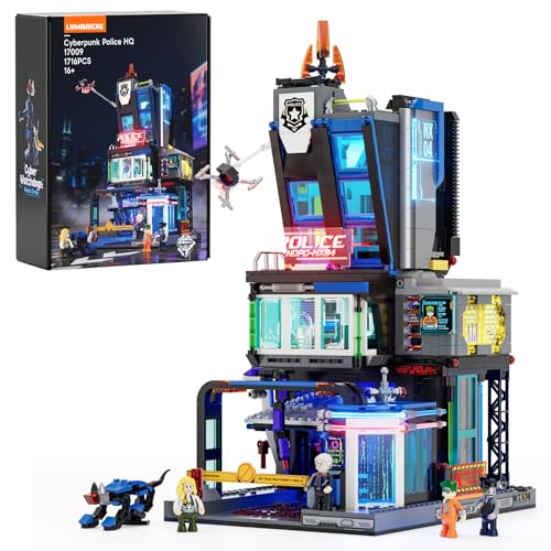 LUMIBRICKS Cyberpunk Police HQ Klemmbausteine mit LED-Beleuchtung, 1716 Teile Futuristische Polizeistation, Modulares Cyberpunk-Gebäude mit 3 Etagen, Bauset für Erwachsene und Jugendliche ab 16 Jahren - 1