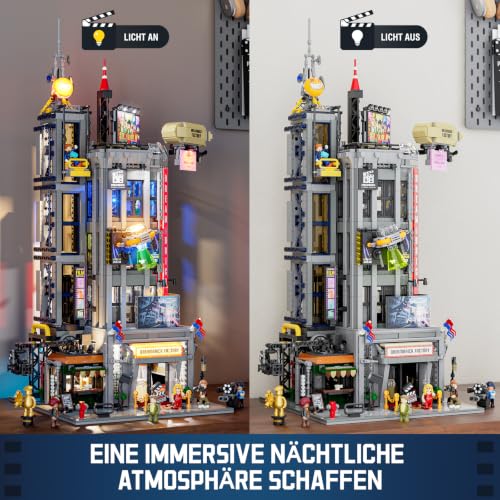 Lumibricks Film Studio Tower Bauset, 3891 Teile beleuchtetes modulares Stadtgebäude für Erwachsene 16+, Filmstudio Turm mit 8 Minifiguren, funktionierendem Aufzug, Dachstudio und Licht-Display - 2