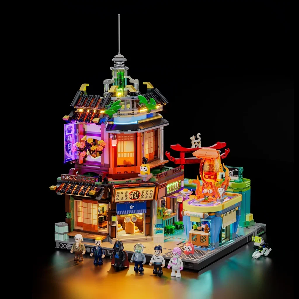 Lumibricks Izakaya F9073 mit eingeschalteter LED-Beleuchtung und sechs Figuren