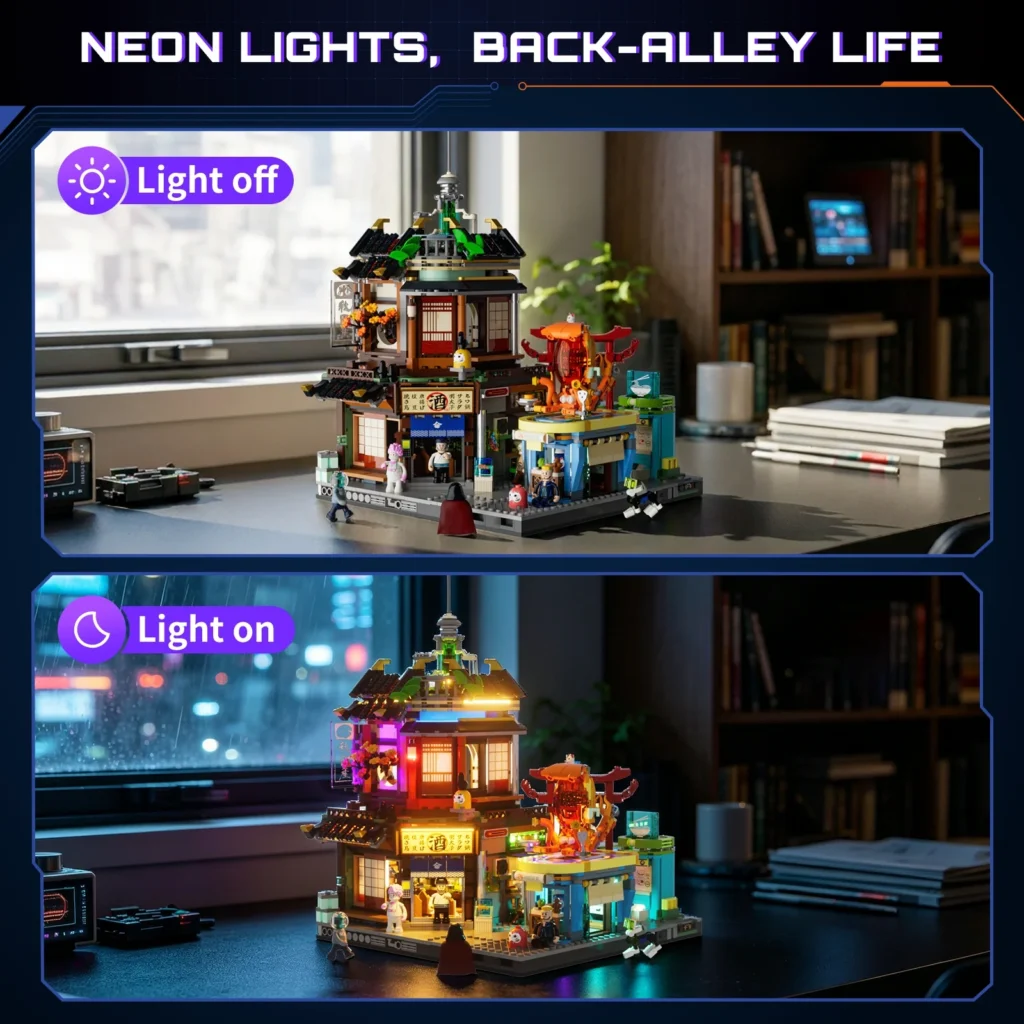 Vergleich des Lumibricks Izakaya bei Tageslicht und mit eingeschalteten LEDs