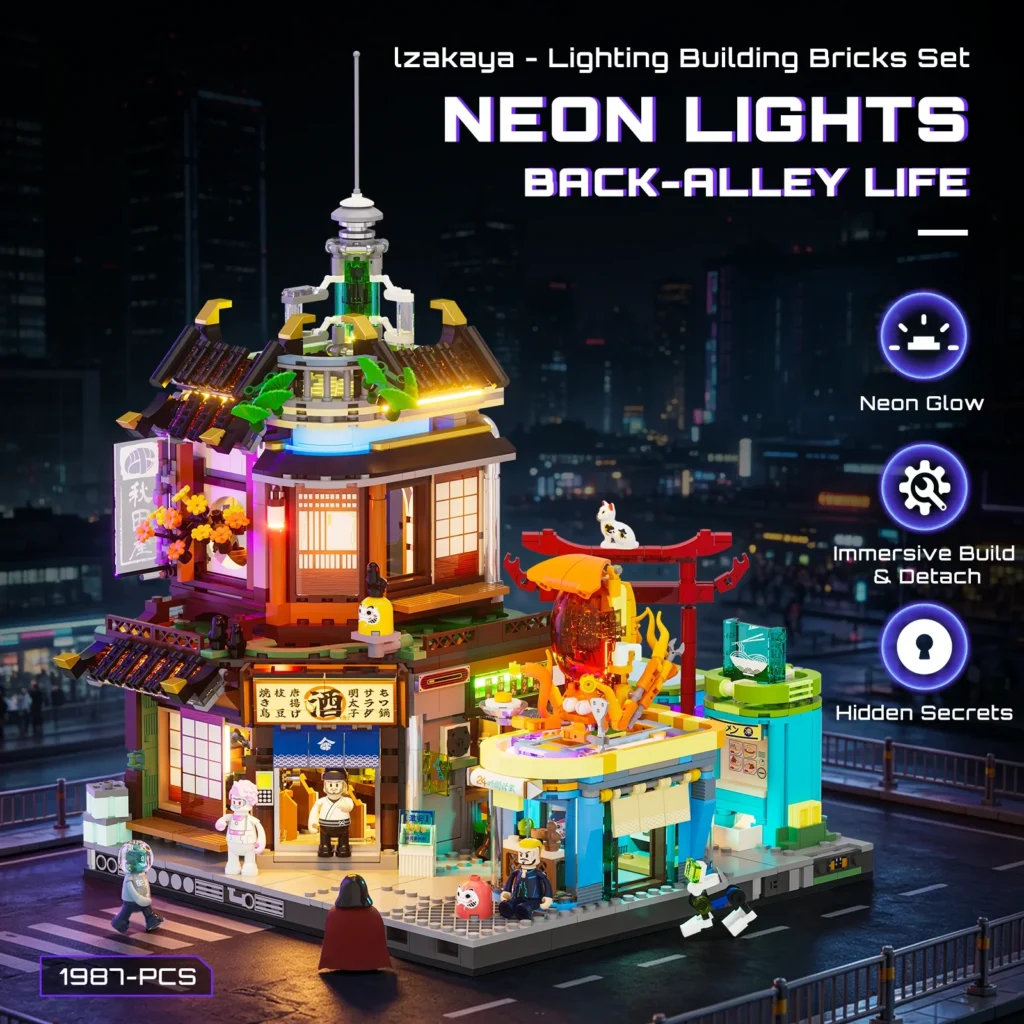 Lumibricks Izakaya F9073 als beleuchtete Straßenszene in einer Cyberpunk-Stadt
