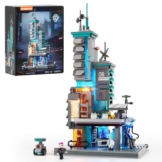 Lumibricks Neon Tech Station Beleuchtetes Klemmbaustein-Set, 1282 Teile Cyberpunk Hochhaus mit LED-Licht, Modulare Datenstation mit Herausnehmbaren Modulen & Stromverbundsystem - 1
