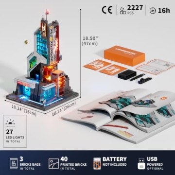 Lumibricks Neon Tech Tower Beleuchtetes Klemmbaustein-Set, 2227 Teile Cyberpunk-Wolkenkratzer mit 27 LED-Lichtern, Modulares Ausstellungsgebäude, Sci-Fi-Bauset für Erwachsene - 6
