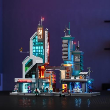 Lumibricks Neon Tech Tower Beleuchtetes Klemmbaustein-Set, 2227 Teile Cyberpunk-Wolkenkratzer mit 27 LED-Lichtern, Modulares Ausstellungsgebäude, Sci-Fi-Bauset für Erwachsene - 7