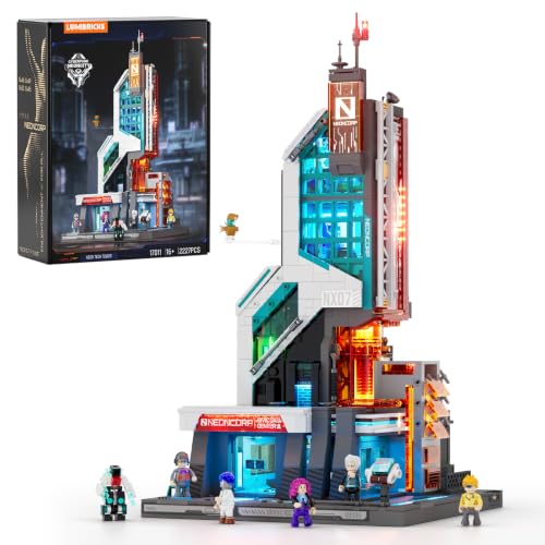 Lumibricks Neon Tech Tower Beleuchtetes Klemmbaustein-Set, 2227 Teile Cyberpunk-Wolkenkratzer mit 27 LED-Lichtern, Modulares Ausstellungsgebäude, Sci-Fi-Bauset für Erwachsene - 1