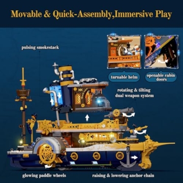 LUMIBRICKS Steampunk-Dampfschiff Beleuchtetes Bauset – 1792-teiliges Schiffmodell mit Dynamischer LED-Beleuchtung und Modularer Schnellverschluss-Struktur, Ideal für Baustein-Enthusiasten zur Sammlung - 2