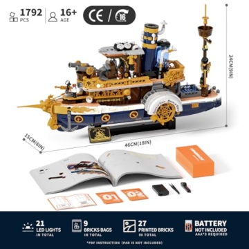 LUMIBRICKS Steampunk-Dampfschiff Beleuchtetes Bauset – 1792-teiliges Schiffmodell mit Dynamischer LED-Beleuchtung und Modularer Schnellverschluss-Struktur, Ideal für Baustein-Enthusiasten zur Sammlung - 6