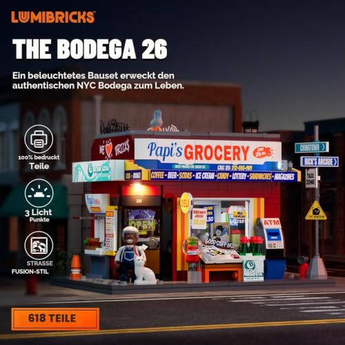 Lumibricks The Bodega Bauset mit LED-Beleuchtung, 618 Teile New Yorker Kiosk- und Lebensmittelgeschäft-Modell für Erwachsene, Modulares Straßenecken-Gebäude, Sammlermodell und Geschenk - 2