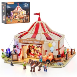 Lumibricks Traveling Circus Bauset mit Licht – 1962 Teile Zirkuszelt mit LED & Minifiguren – Modularer Jahrmarkt für Erwachsene, Westernfans & Freizeitpark-Sammler - 1