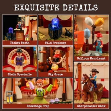 Lumibricks Traveling Circus Bauset mit Licht – 1962 Teile Zirkuszelt mit LED & Minifiguren – Modularer Jahrmarkt für Erwachsene, Westernfans & Freizeitpark-Sammler - 4