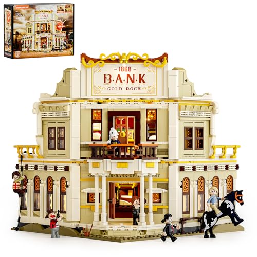 Lumibricks Western Bank Heist Bausatz – 2875 PCS Wildwest-Stadt Flagship-Modell mit 11 LED-Lichtern, 6 Minifiguren, Hochdetaillierte Architektur, Sammlerstück & Geschenk für Erwachsene & Kinder - 1
