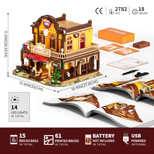 LUMIBRICKS Western Lucky Saloon LED Klemmbaustein-Set, 2200 Teile Modulares Wild-West Gebäude Modell mit Beleuchtung, Doppelte Innenstruktur, Geheimfächer & detailreiche Architektur, Sammler-Set für E - 2