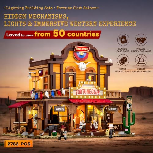 LUMIBRICKS Western Lucky Saloon LED Klemmbaustein-Set, 2200 Teile Modulares Wild-West Gebäude Modell mit Beleuchtung, Doppelte Innenstruktur, Geheimfächer & detailreiche Architektur, Sammler-Set für E - 3