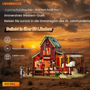 LUMIBRICKS Wild West Ranch Duel Klemmbaustein-Set mit LED-Beleuchtung, 1023 Teile Western-Ranch Modellbausatz für Erwachsene, Sammlerstück für Fans des Wilden Westens - 5