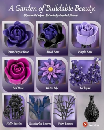 Mavo brix Purple Flowers Bouquet Building Set, Lila Rosen Blumenstrauß Klemmbausteine Blumen, Blumen Bauspielzeugset für Erwachsene, Botanicals Home Deko, Frauen Männer - 4