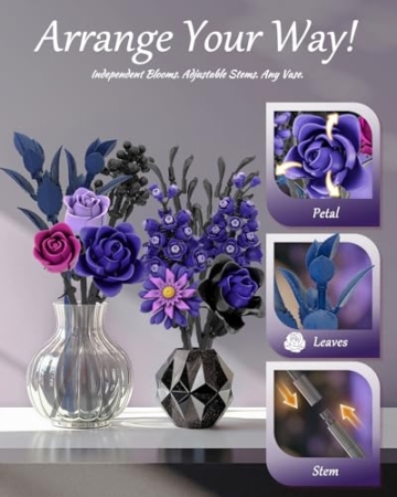 Mavo brix Purple Flowers Bouquet Building Set, Lila Rosen Blumenstrauß Klemmbausteine Blumen, Blumen Bauspielzeugset für Erwachsene, Botanicals Home Deko, Frauen Männer - 5