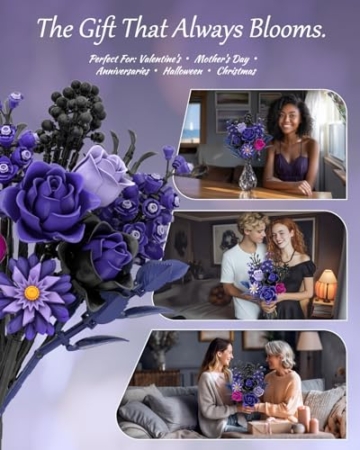 Mavo brix Purple Flowers Bouquet Building Set, Lila Rosen Blumenstrauß Klemmbausteine Blumen, Blumen Bauspielzeugset für Erwachsene, Botanicals Home Deko, Frauen Männer - 6