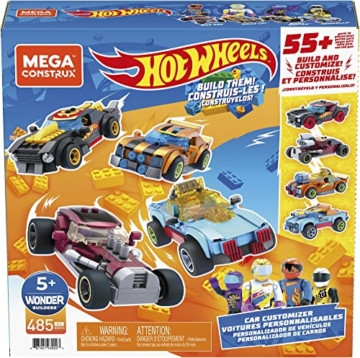 MEGA Construx GVM13 - Hot Wheels Rennwagen Spielzeug-Set, Bauset, 485 Teile, 4 Fahrzeuge, Rally Cat, Dawgzilla, Night Shifter und Mod Rod, 4 bewegliche Mikro-Actionfiguren, für Kinder ab 5 Jahren