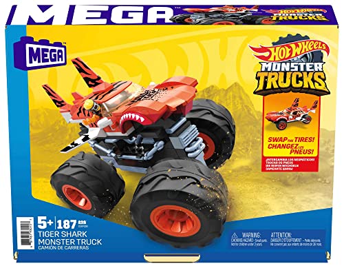 MEGA Construx GVM26 - Hot Wheels Monster Trucks Tiger Shark, Bauset mit 186 Teilen, 1 bewegliche Mikro-Actionfigur, Spielzeug zum Zusammenbauen, für Kinder ab 5 Jahren