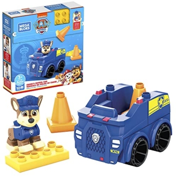 MEGA HDJ33 - Mega Bloks PAW Patrol Polizeiauto-Bausatz, 10 Bauklötze und Sonderteile mit 1 Chase-Figur, Pylonen-Kegel und rollendem Radstand, Spielzeug-Geschenkset für 3-5 Jahre