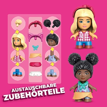 MEGA HDJ85 - Barbie Bauernmarkt Baukasten, 90 Bausteine, Teile mit Mode-& Rollenspielzubehör, 3 Mikropuppen, 2 Hasen, 1 Vogel & 1 Lamm, Konstruktionsspielzeug, Bauspielzeug für Kinder ab 5 Jahren