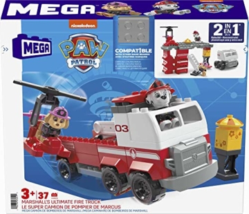 MEGA HHN05 - MEGA Bloks Bauset PAW Patrol Marshalls ultimatives Feuerwehrauto mit Marshall- und Skye-Figuren sowie 33 großen Bausteinen und Teilen, Spielzeug-Geschenkset für Kinder ab 3 Jahren