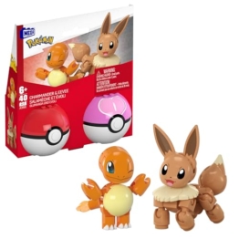 MEGA Pokémon Actionfigur Bauspielzeug-Set, Pokéball 2er-Pack, Glumanda und Evoli mit 40 Teilen, für Kinder, JCR81 - 1