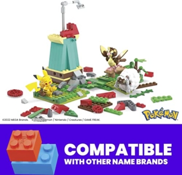 MEGA Pokémon HKT21 Bauspielzeug für Kinder, Windmühlen-Farm mit Pikachu-, Taubsi- und Wolly-Actionfigur zum Zusammenbauen und Bewegungsstein für Bewegung