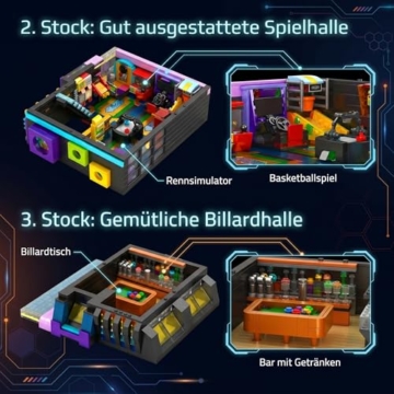 MikaBrical Cyberpunk Spielhalle Klemmbausteine Haus - 2600 Teile Retro Arcade Modular Building, Zukünftige Stadt Architektur Bausteine Set für Erwachsene Kompatibel mit Barweer BWR004 - 6