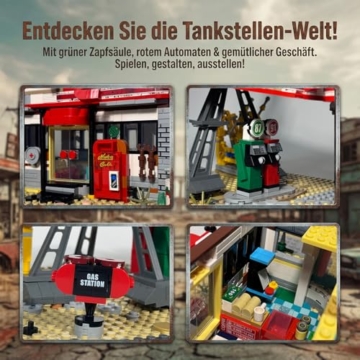 MikaBrical Klemmbausteine Red-Rocket Tankstelle mit Figuren, 2221 Teilen Gas Station Building Architektur Modell für Erwachsene und Spielefans Youmko YM001 - 6