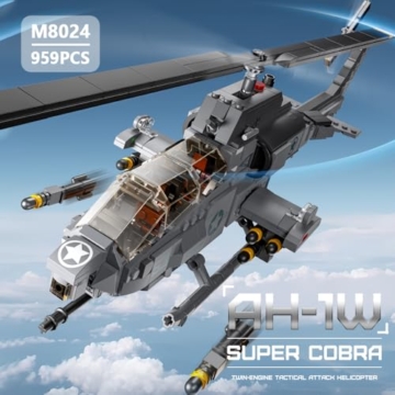 MISINI M8024 AH-1W Super Cobra Bewaffneter Hubschrauber Bausteine Set, 958 Stück Militär Medium 1:35 Hubschrauber Bausatz, Geschenke und Sammlungen für Flugzeugmodelle für Militärische Enthusiasten - 2