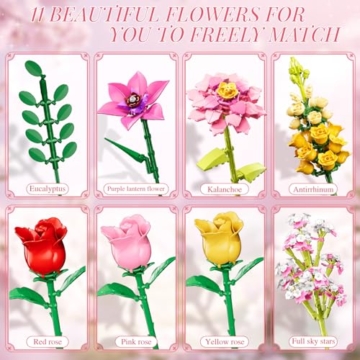 MITIZBLOX Blumen Bauspielzeugset, 765 Teile Rosa Rosen Flores Set, künstliches Blumen Spielzeug für Mädchen, Frauen, Erwachsene und Kinder ab 6 Jahren, Geschenkidee zu Valentinstag und Muttertag - 4