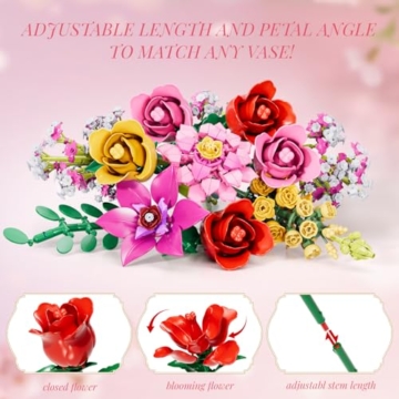 MITIZBLOX Blumen Bauspielzeugset, 765 Teile Rosa Rosen Flores Set, künstliches Blumen Spielzeug für Mädchen, Frauen, Erwachsene und Kinder ab 6 Jahren, Geschenkidee zu Valentinstag und Muttertag - 6