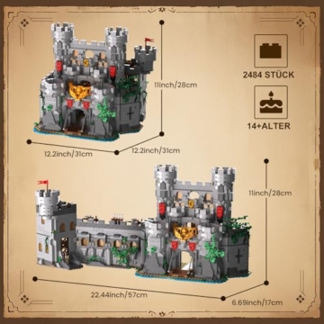 Mittelalterliches Burg Bausteine Set für Erwachsene,Mittelalterliches Schwert des Heiligen Geistes Burg-Modellbausatz,3-in-1 Kreatives Retro Burg Spielzeug Bauset für Jungen und Mädchen (2484 Stück) - 3