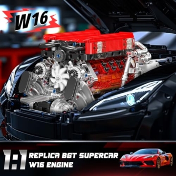 Mould King 10163 Technik W16 Bausteine Spielzeug, 955 Teile APP-Kontrolle Motor Bausatz, Auto Klemmbausteine Technik Modell mit 16-Zylinder und Batteriekasten Als Kollektion für Erwachsene (Rot) - 2