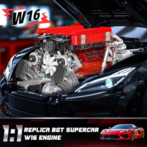 Mould King 10163 Technik W16 Bausteine Spielzeug, 955 Teile APP-Kontrolle Motor Bausatz, Auto Klemmbausteine Technik Modell mit 16-Zylinder und Batteriekasten Als Kollektion für Erwachsene (Rot) - 2