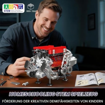 Mould King 10163 Technik W16 Bausteine Spielzeug, 955 Teile APP-Kontrolle Motor Bausatz, Auto Klemmbausteine Technik Modell mit 16-Zylinder und Batteriekasten Als Kollektion für Erwachsene (Rot) - 5