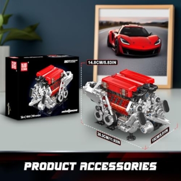 Mould King 10163 Technik W16 Bausteine Spielzeug, 955 Teile APP-Kontrolle Motor Bausatz, Auto Klemmbausteine Technik Modell mit 16-Zylinder und Batteriekasten Als Kollektion für Erwachsene (Rot) - 6