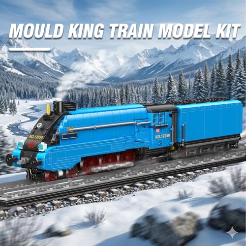 Mould King 12050 Technik MOC Klemmbausteine Dampflok Set Blau, Klassische Lokomotive Modellbau mit Waggon, Technik Baukasten Eisenbahn für Erwachsene, Große Zug Deko Modell (1399+ Teile) - 2