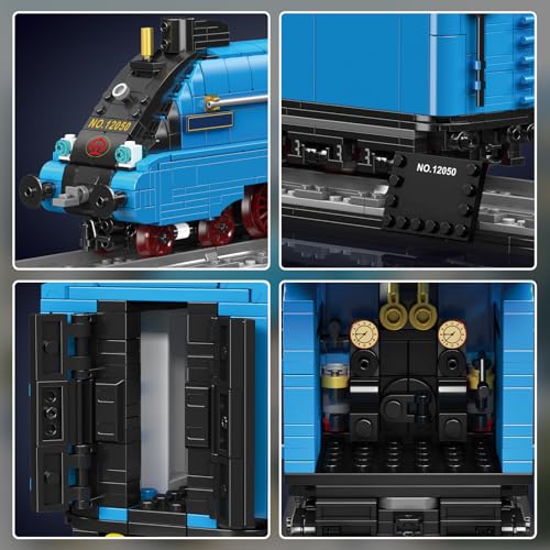 Mould King 12050 Technik MOC Klemmbausteine Dampflok Set Blau, Klassische Lokomotive Modellbau mit Waggon, Technik Baukasten Eisenbahn für Erwachsene, Große Zug Deko Modell (1399+ Teile) - 3