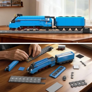 Mould King 12050 Technik MOC Klemmbausteine Dampflok Set Blau, Klassische Lokomotive Modellbau mit Waggon, Technik Baukasten Eisenbahn für Erwachsene, Große Zug Deko Modell (1399+ Teile) - 5