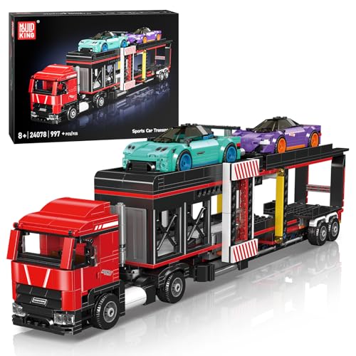 Mould King 24078 Klemmbausteine LKW City Autotransporter mit Sportwagen Bausteine Transport Truck Bausatz Geschenke für Erwachsene(997 Teile) - 1